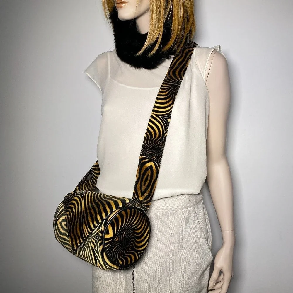 NEW VINTAGE Zebra Velvet Barrel Crossbody Shoulder Purse Bag! leather RARE OOAK
